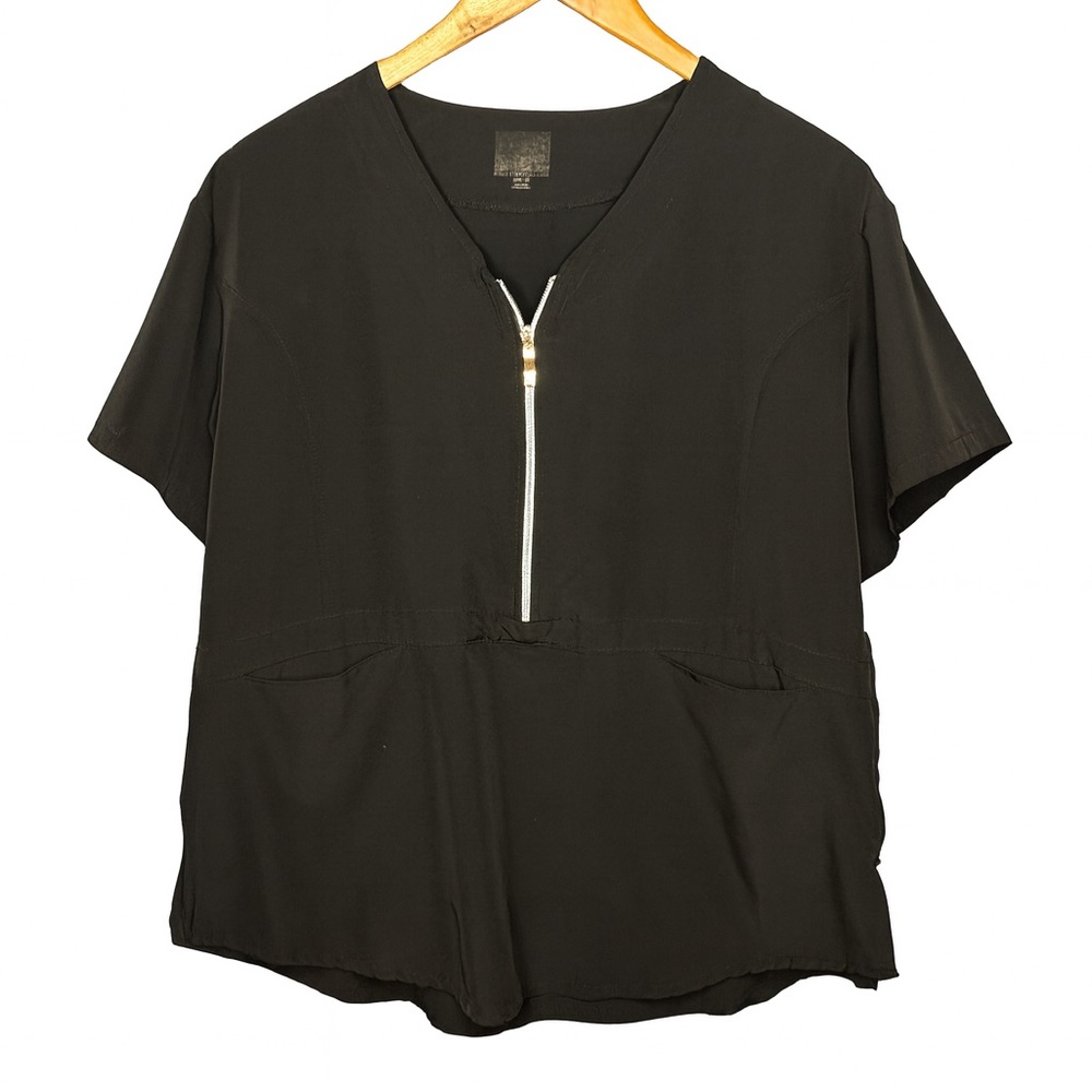 Women’s Black Scrub Top XL– Short Sleeve with Zipper Front & Pockets